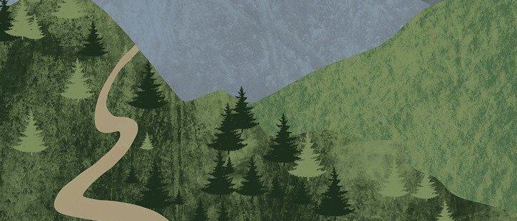 Kreisförmige Illustration eines Gebirgszugs mit schneebedecktem Gipfel, umgeben von grünen Bäumen und einem gewundenen Pfad.