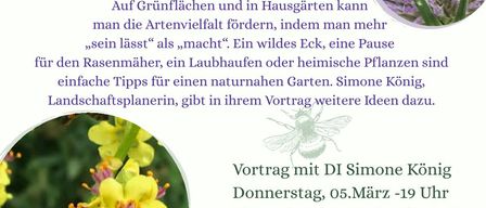 Plakat mit Insekten und Pflanzen, beschriftet in Deutsch. Bilder von einem Schmetterling, einer Biene und einer Blume. Simone König, Landschaftsplanerin, hält einen Vortrag am Donnerstag, 5. März um 19 Uhr im Pfarrsaal Weiler.