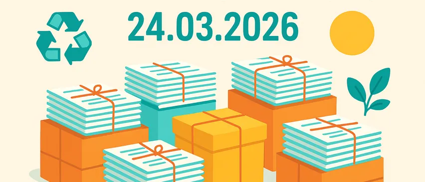 Illustration von Papierstapeln, gebündelt mit Bändern, mit Datum 24.03.2026 und Recycling-Symbol.