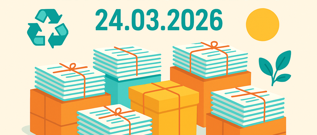 Illustration von Papierstapeln, gebündelt mit Bändern, mit Datum 24.03.2026 und Recycling-Symbol.
