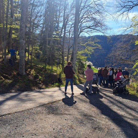 Eine Gruppe von Menschen steht auf einem Pfad im Wald. Eine Frau mit einem Kinderwagen und eine Frau mit einer Handtasche gehen auf der Straße.