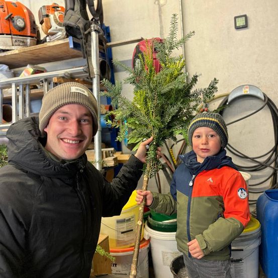 Ein Mann und ein junger Junge lächeln in einem Raum mit einem Weihnachtsbaum. Sie halten den Baum gemeinsam, mit einem Regal und Werkzeugen im Hintergrund.