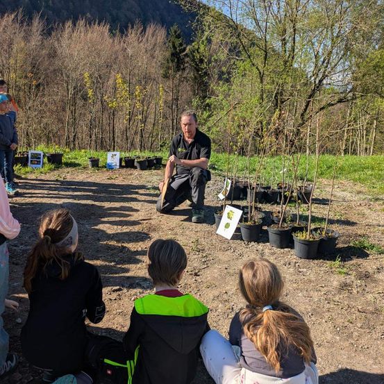 Ein Mann kniet vor jungen Baumsetzlingen, während Kinder zusehen. Mehrere Topfpflanzen sind um ihn herum und der Boden ist mit kleinen Steinen bedeckt.