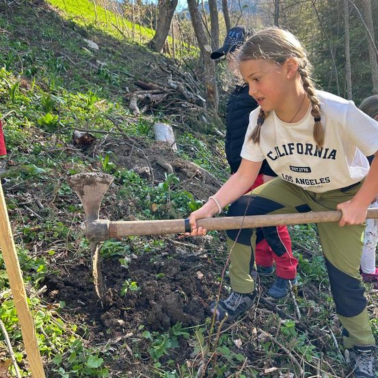 Ein junges Mädchen in einem weißen California T-Shirt gräbt mit einer großen Spitzhacke im Wald. Ein anderes Kind steht hinter ihr und trägt einen Hut.