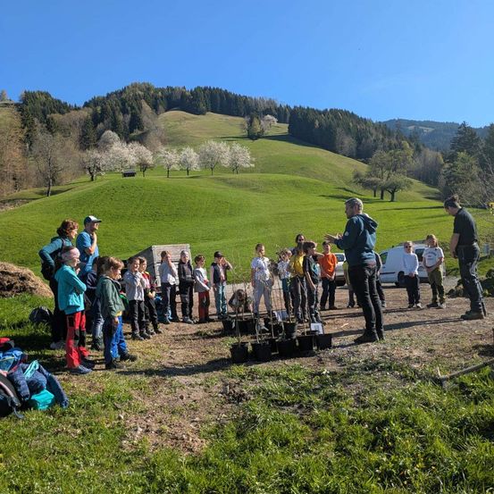 Kinder und Erwachsene stehen auf einer Wiese mit einem Mann, der vor ihnen spricht. Topfpflanzen und ein weißer Lieferwagen sind in der Nähe. Im Hintergrund befindet sich ein Hügel mit Bäumen und einem klaren Himmel.