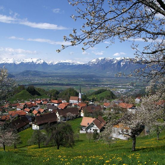 Ein malerisches Dorf mit roten Dächern, eingebettet in einem üppigen grünen Tal, mit blühenden Bäumen und Bergen im Hintergrund unter einem blauen Himmel.