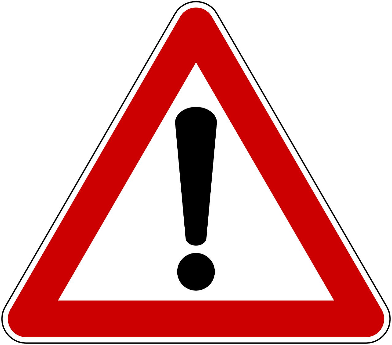 Ein rotes Dreieck mit weißem Hintergrund und schwarzem Ausrufezeichen. Es steht für ein Warn- oder Hinweisschild.