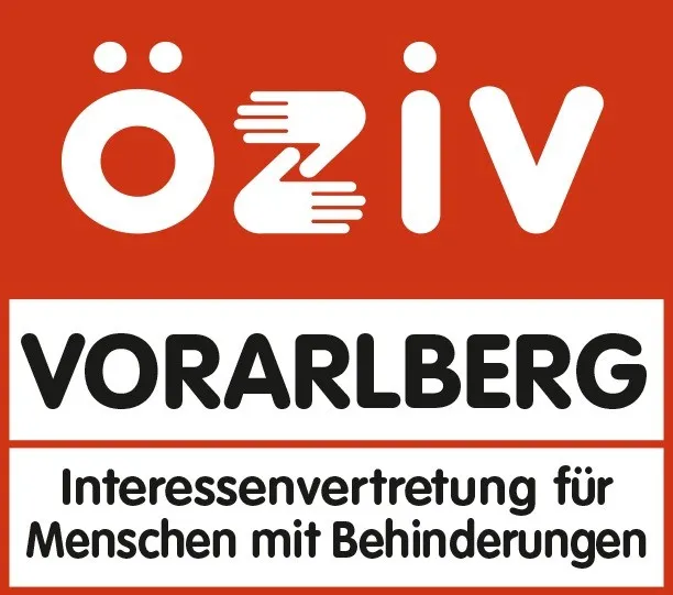 Ein orangefarbener Poster mit dem Text 'Ö Ziv' in weißen Buchstaben über einem Logo. Darunter steht 'VORARLBERG' und 'Interessenvertretung für Menschen mit Behinderungen.'