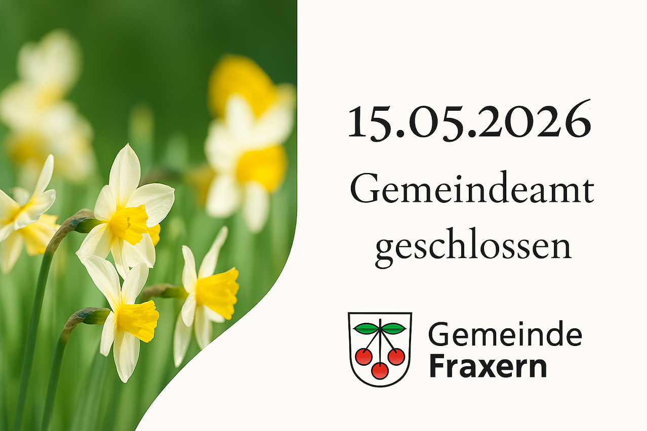 Ein Banner mit einer weißen und gelben Narzisse auf grünem Hintergrund. Datum 15.05.2021. Text auf Deutsch.