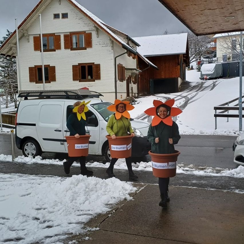 Drei Personen in Sonnenblumenkostümen gehen im Schnee vor einem weißen Lieferwagen und einem Haus mit Schnee auf dem Dach.