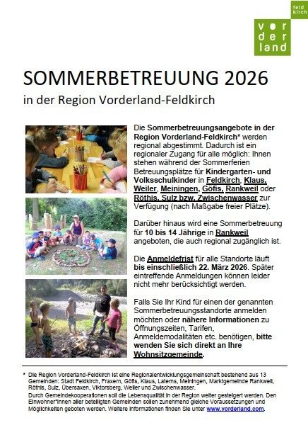 Das Bild ist eine Anzeige für die Sommerbetreuung 2026 in der Region Vorderland-Feldkirch. Es informiert über die Verfügbarkeit der Sommerbetreuung für Kinder im Alter von 10 bis 14 Jahren, mit einer Anmeldefrist bis zum 22. März 2026. Weitere Informationen erhalten Sie bei Ihrer Wohnortgemeinde.