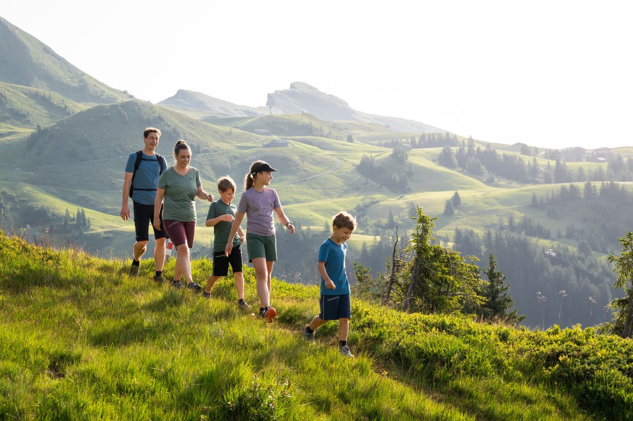 Eine fünfköpfige Familie wandert auf einem grasbewachsenen Berghang. Sie gehen in einer Reihe, mit freier Sicht auf die Berge und Bäume.