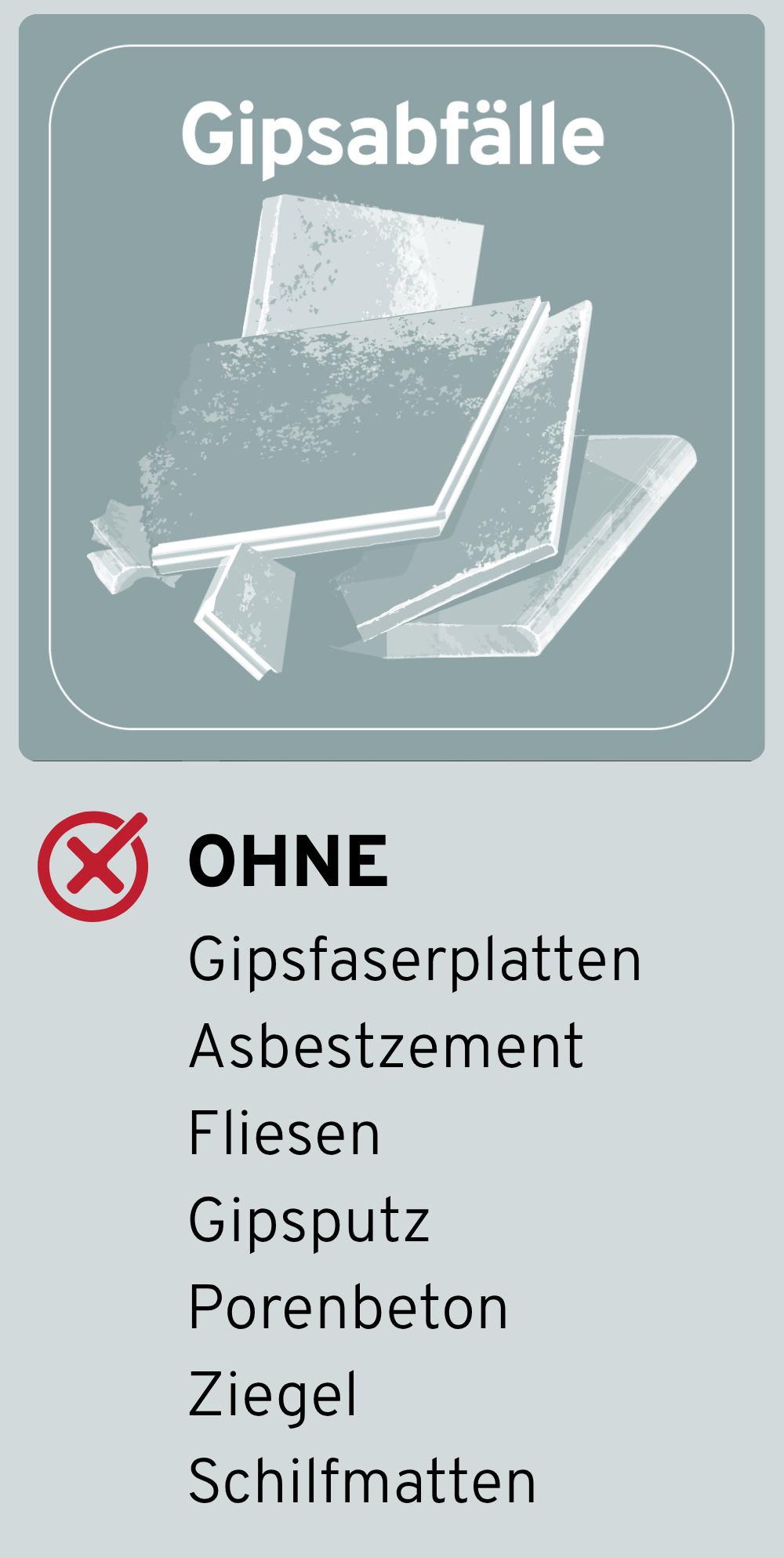 Eine Illustration von zerbrochenen Gipsplatten mit einem roten Kreuzsymbol, das auf das Fehlen von Asbest und Fliegen hinweist.