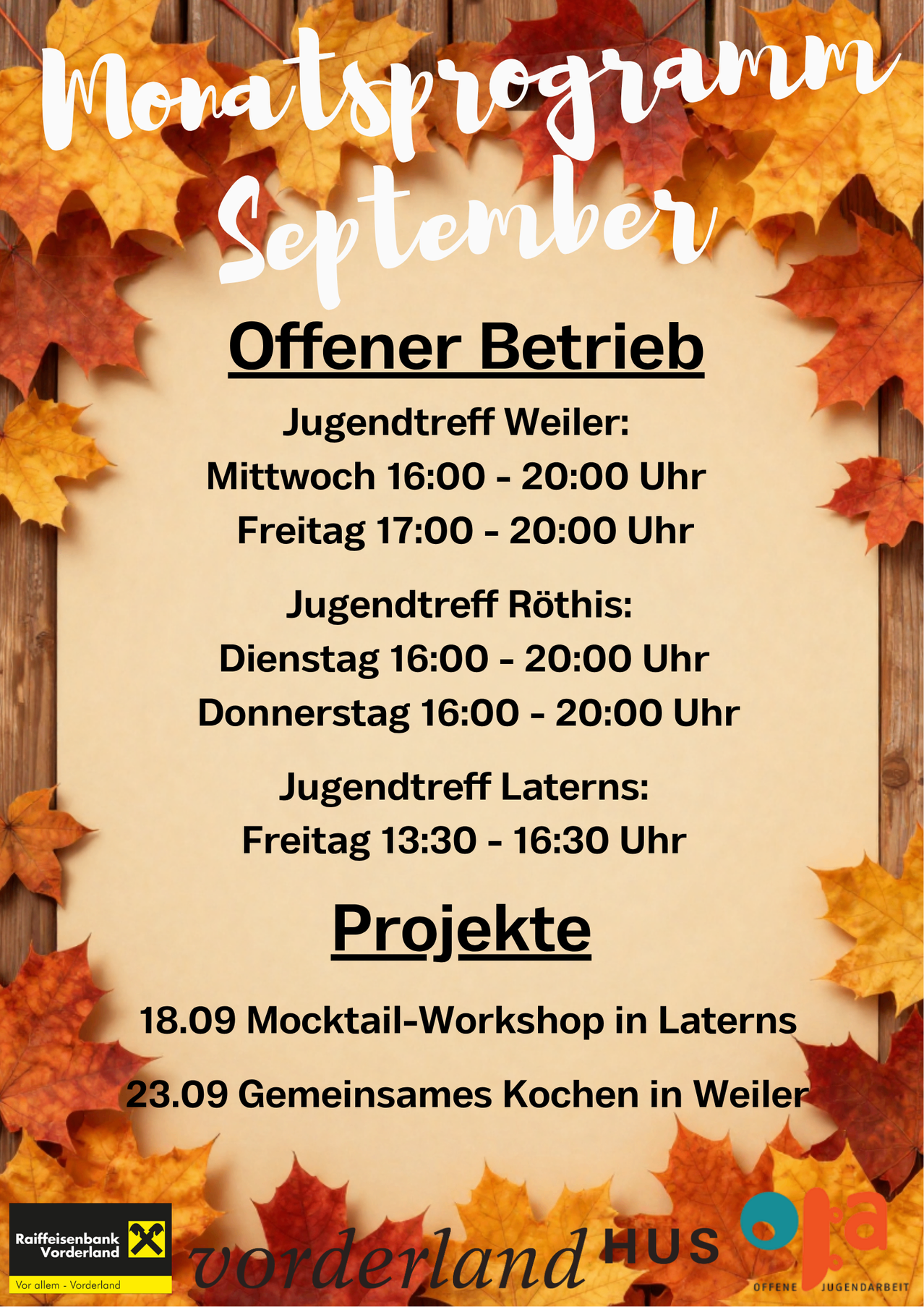 Ein Plakat mit Herbstblättern im Hintergrund zeigt den offenen Betriebsplan für September. Es listet die Öffnungszeiten für Jugendtreffs in Weiler, Rothis und Laterns auf. Es erwähnt auch zwei Projekte: ein Mocktail-Workshop am 18. September und ein gemeinsames Kochen am 23. September.