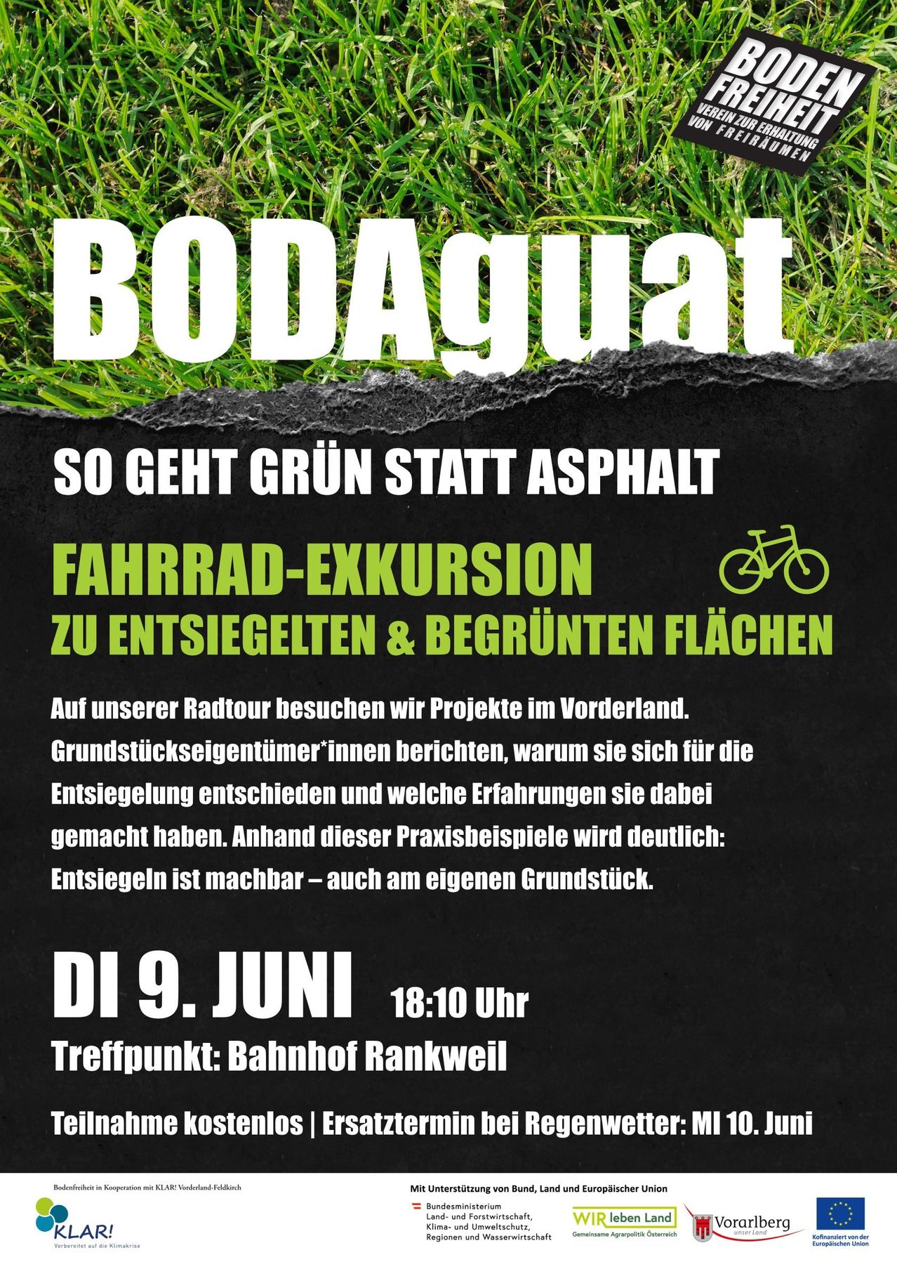 Plakat für eine Fahrradexkursion am 9. Juni, bei der Projekte im Vorderland besucht werden. Grundstückseigentümer berichten, warum sie sich für die Entsiegelung entschieden haben. Der Treffpunkt ist am Bahnhof Rankweil.