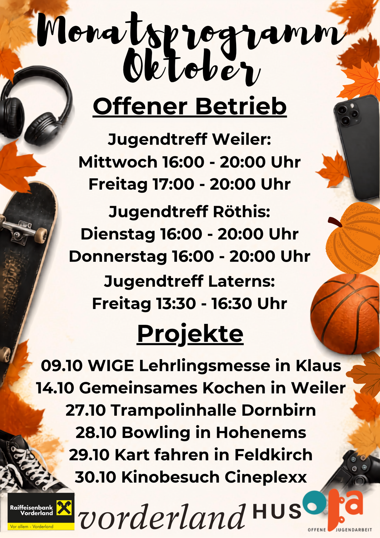 Eine Werbung für den offenen Betrieb des Jugendtreffs in Weiler, Rothis und Laterns im Oktober.