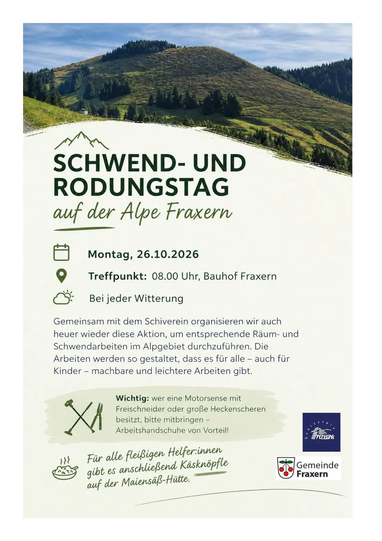 Ein Werbeposter für eine Wanderveranstaltung auf der Alpe Fraxern, geplant für den 26. Oktober 2026. Das Poster enthält Details wie den Treffpunkt, die Uhrzeit und einen Hinweis darauf, dass die Aufgaben für alle, auch für Kinder, geeignet sind.