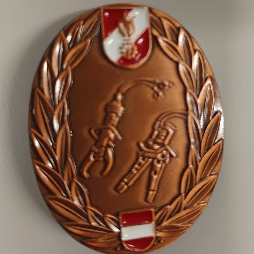 A brown plaque with a laurel wreath, depicting two climbing tools, a red and white shield with a logo, and a flag.