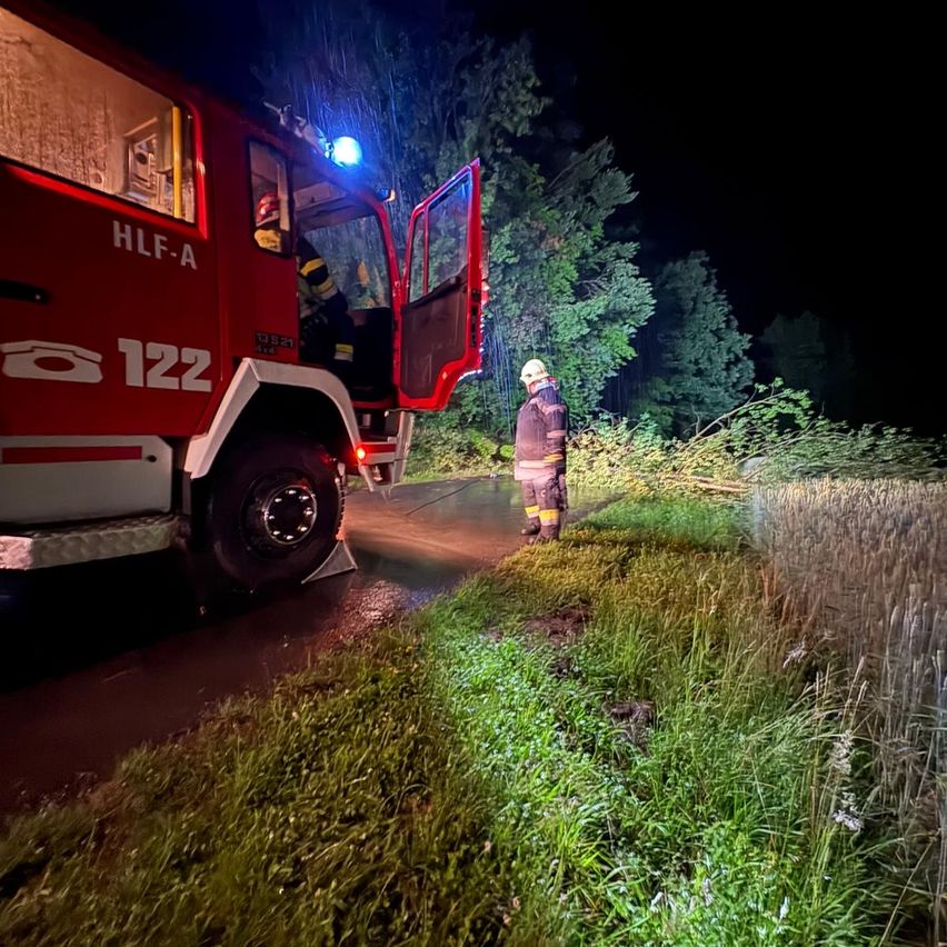 Firefighters in action at night; a red truck with 'HLF-A 122' parked on a wet road. Trees and grass surround the area.