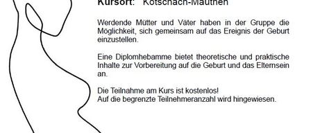 Ein Plakat für einen Geburtsvorbereitungskurs auf Deutsch. Der Kurs beginnt am 11.09.2026 um 18:00 Uhr und umfasst zwei Abende und zwei Übernachtungen. Der Kurs ist kostenlos, und die Teilnehmer erhalten theoretische und praktische Informationen. Kontaktinformationen und eine Telefonnummer für die Anmeldung sind angegeben.