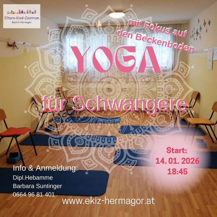 Plakat für Yoga für Schwangere mit Yogamatten, Stühlen und einem Fenster. Datum: 14.01.2026, Zeit: 18:45. Kontakt: Barbara Suntinger, 0664 96 81 401, www.ekiz-hermagor.at.