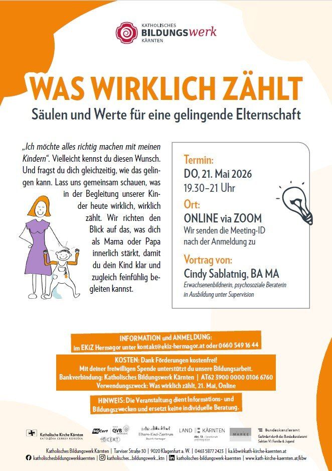 Plakat mit einer Frau und einem Kind, das effektive Elternschaft bespricht. Es enthält Details zu einem Webinar mit Cindy Sablatinib am 21. Mai 2026 von 19:30 bis 21:00 via Zoom. Anmeldeinformationen und Kontaktdaten sind angegeben.