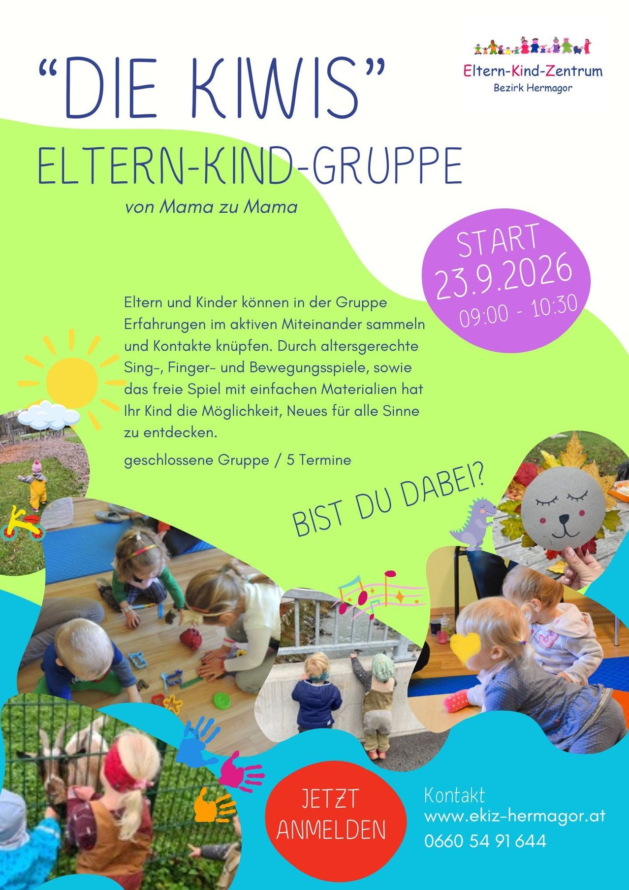 Plakat für eine Eltern-Kind-Gruppe mit grünem Hintergrund, Sonne, Wolken und spielenden Kindern. Der Text lädt Eltern und Kinder ein, einer Gruppe für Aktivitäten beizutreten, die am 23. September 2026 beginnen.