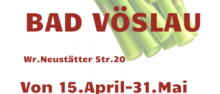 Plakat für die Spargelsaison im Bierhof Bad Voeslau. Vom 15. April bis 31. Mai. Abgebildet sind Spargelstangen. Ort: Wr. Neustaetter Str. 20.