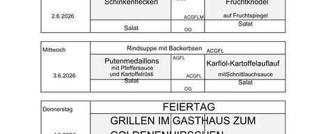 Ein wöchentliches Menü mit Gerichten wie Rindersuppe, Hähnchen, Rindereintopf mit Speck, gegrilltem Fischfilet mit Zitronenkräuternudeln und Salaten. Jeder Tag hat bestimmte Gerichte mit Preisen und Zutaten.