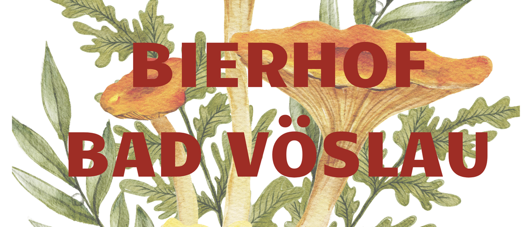 Poster mit Pilzen und Blättern, das 'Spezialitäten im Bierhof Bad Vöslau' vom 19. Juni bis Ende September ankündigt.