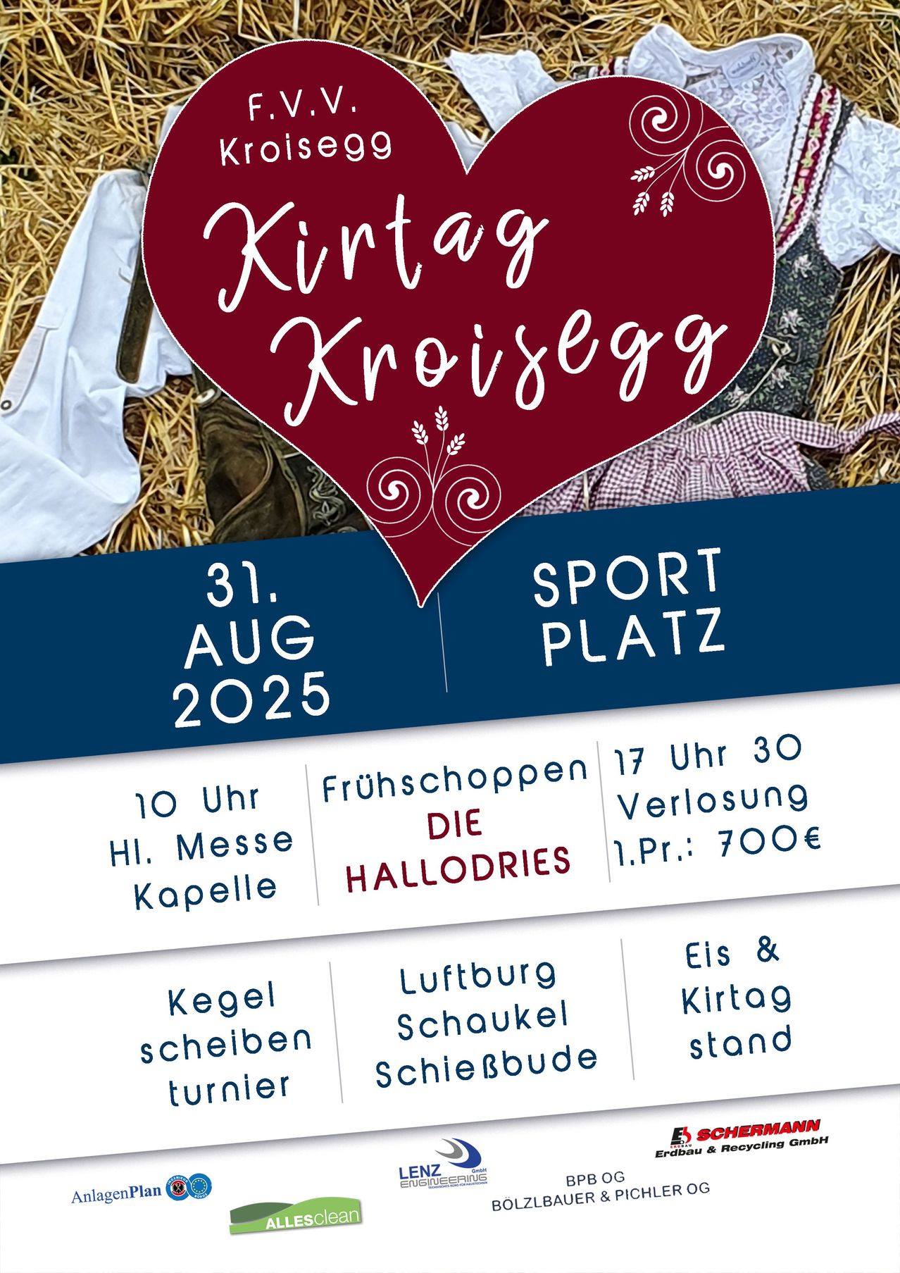Plakat für die 'Kinta Kroisegg' Veranstaltung am 31. August 2025, mit Herzsymbol und Event-Details. Aktivitäten umfassen Morgenmesse, Frühbucherangebot und Unterhaltung bis spät in die Nacht.