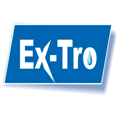 Das Ex-Tro-Logo hat einen blauen Hintergrund mit einem weißen Umriss und einem weißen Wassertropfen-Symbol.
