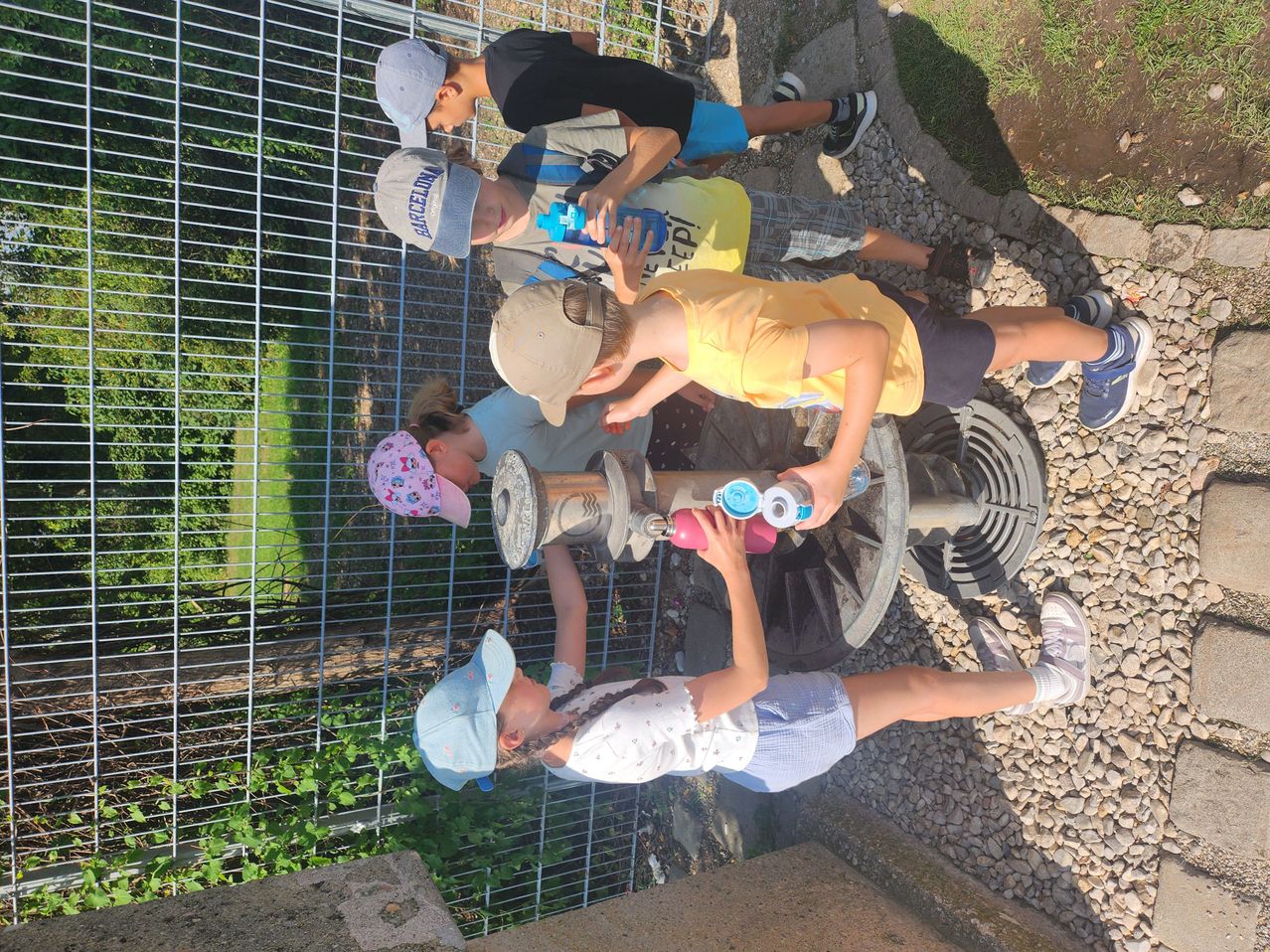 Fünf Kinder versammeln sich um einen Wasserbrunnen in einem Zoo. Jedes Kind hält eine Flasche und scheint sie mit Wasser zu füllen. Die Kinder tragen Mützen und Turnschuhe. Hinter ihnen steht ein Metallzaun.
