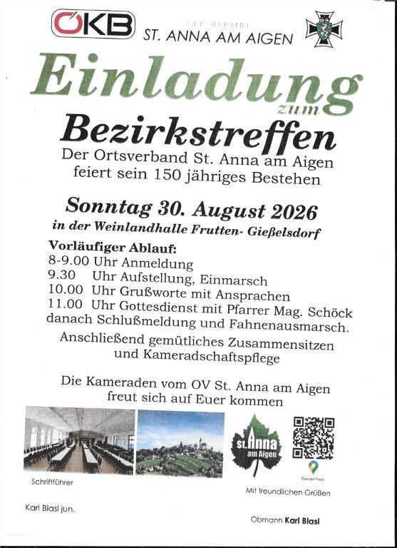 An invitation poster for the district meeting of the local association St. Anna am Aigen, celebrating its 150th anniversary on August 30, 2026. The poster includes a schedule of events, a QR code, and images of a hall and a landscape.