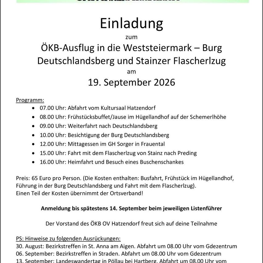 An invitation to a trip organized by the OKB to the Weststeiermark region, including a visit to Burg Deutschlandsberg and a tour with the Stainzer Flask Train on September 19, 2026. The schedule includes breakfast, sightseeing, lunch, and a return journey. The cost is 65 Euros per person. Registration is required by September 14.