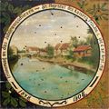 Ein altes Gemälde eines Dorfes mit einem Fluss und Häusern, datiert 1848 und 1908. Das Kunstwerk hat eine kreisförmige Rahmung mit einem Titel in Deutsch.