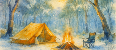 Ein Aquarell zeigt ein Zelt in einem verschneiten Wald, davor ein Feuer und ein Klappstuhl.