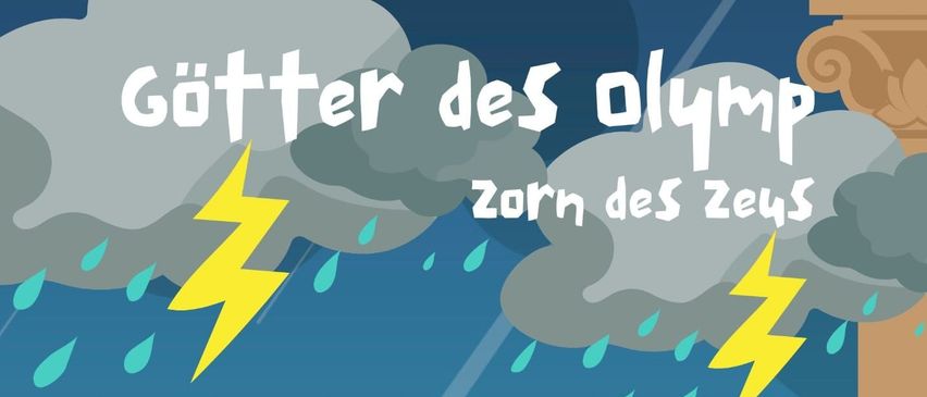 Eine Illustration von Zeus mit einem Blitz in der Hand, mit Regen und Blitzen am Himmel, und ein Plakat für ein Kinderprogramm am 19. September.