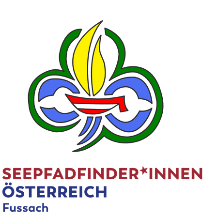 Das Logo der Seefinder von Österreich, Fussach, mit einem blauen, grünen und gelben Emblem mit einer Flamme und dem Text in Rot.