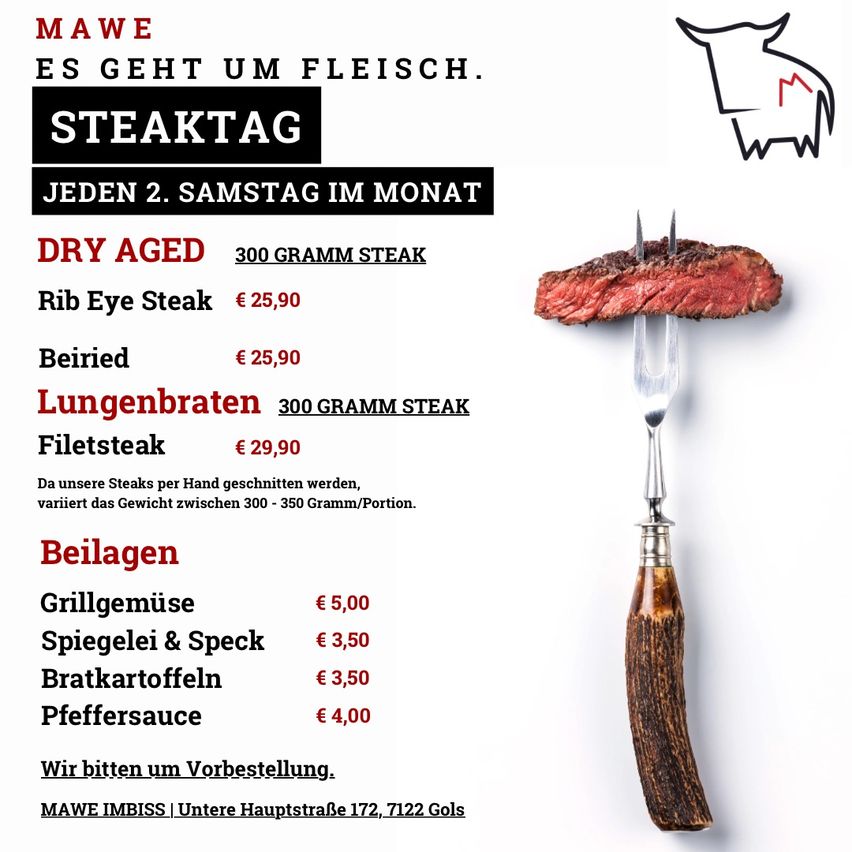 Bild enthält, Cutlery, Food, Meat, Steak, Fork, Advertisement, Text