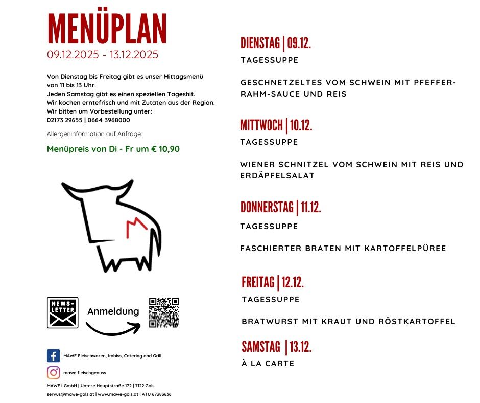 Wöchentlicher Menüplan vom 09.12.2025 bis 13.12.2025. Mittagessen von Dienstag bis Freitag, 11:00 bis 13:00 Uhr. Jeden Samstag ein spezielles Abendessen. Spezieller Menüpreis von Dienstag bis Freitag, 10,90 Euro. Anmelde-QR-Code. Adresse und Kontaktdaten.