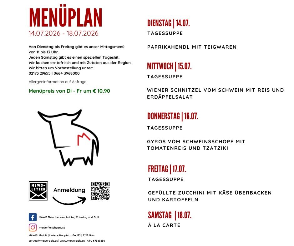 Weekly menu from July 14 to July 18, 2026. Daily lunch from Tuesday to Friday, special dishes on Saturday. Menu price from Tuesday to Friday is 10.90 euros. Contact information and social media links are provided.