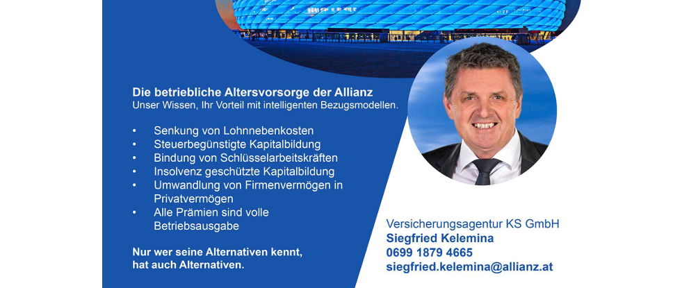 Eine Präsentation von Allianz über betriebliche Altersvorsorge mit einem Mann und der Allianz Arena im Hintergrund. Es wird die Senkung von Lohnnebenkosten und steuerbegünstigte Kapitalbildung erwähnt.
