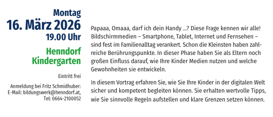 Ein Plakat für einen Vortrag über den sicheren Umgang mit digitalen Geräten für Kleinkinder. Es zeigt ein Kind, das ein Tablet hält, und erwähnt das Datum 16. März 2026 und einen Redner.