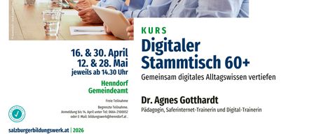 Eine Anzeige für einen digitalen Kurs für Senioren 60+ von Dr. Agnes Gotthardt, der an verschiedenen Terminen und Zeiten angeboten wird. Der Kurs zielt darauf ab, digitales Wissen zu vertiefen.