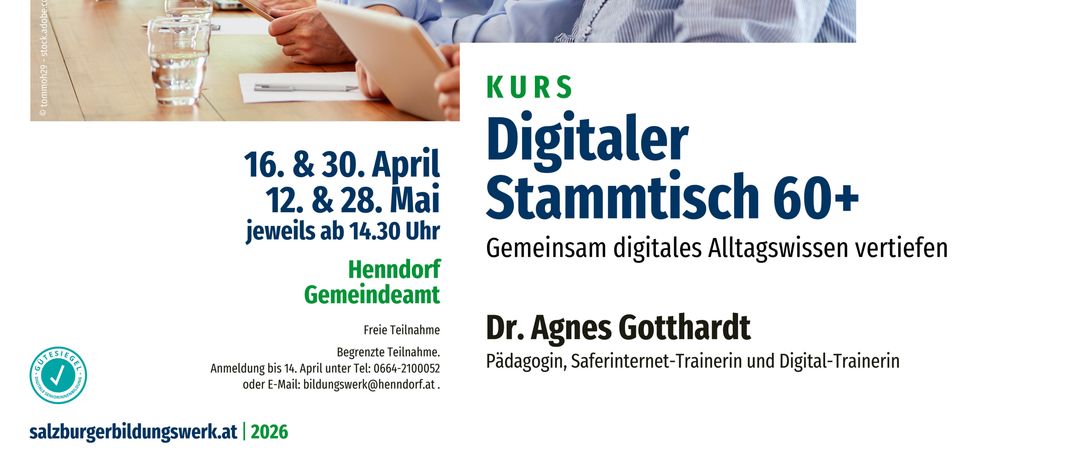 Ein Bild mit Informationen über einen digitalen Stammtisch für Senioren. Es zeigt ein älteres Paar, das auf einem Tablet schaut, mit Terminen und Zeiten für kommende Treffen.