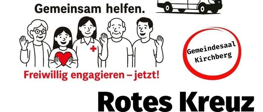 Plakat für Rotes Kreuz Kirchberg/Raab-Veranstaltung, mit einem Krankenwagen, Freiwilligen und einem Herzen, mit Text auf Deutsch, englischem Datum und Zeit.