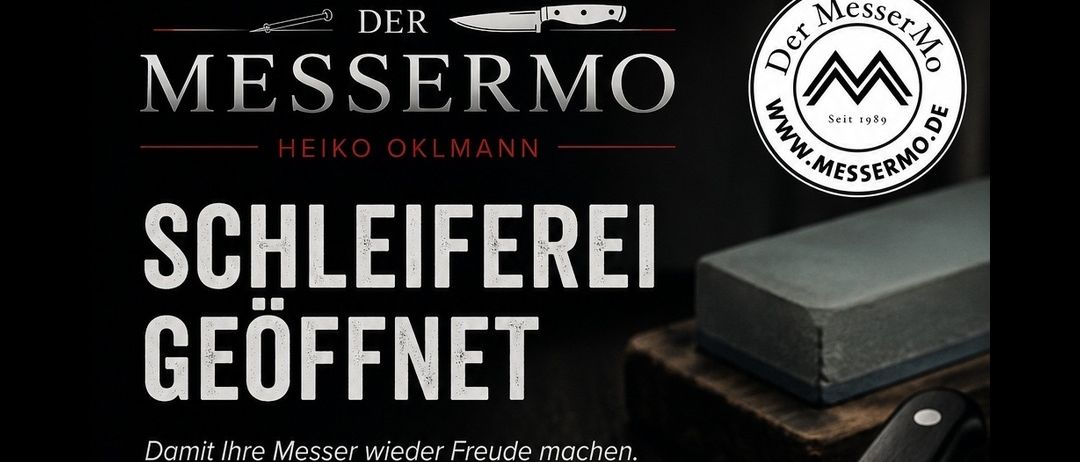Werbung für einen Messerschärfservice. Das Messer liegt auf einer Holzoberfläche. Datum ist 22.-27. Juni. Beinhaltet das Schärfen von Küchenmessern, Kochmessern und Brotmessern.