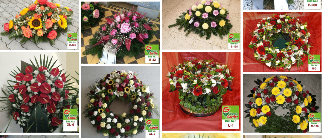 Eine Collage von 16 Kränzen mit verschiedenen Blumen und Preisschildern, auf einem gefliesten Boden angeordnet. Die Kränze reichen von roten und gelben Blumen bis hin zu herzförmigen Arrangements mit verschiedenen Farben.