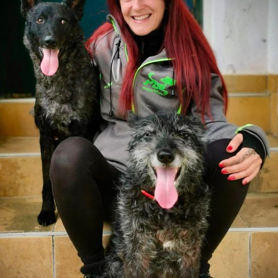 Eine Frau mit roten Haaren und einer grauen Jacke sitzt auf Stufen mit zwei Hunden, einem schwarzen und einem grauen, beide mit heraushängender Zunge.